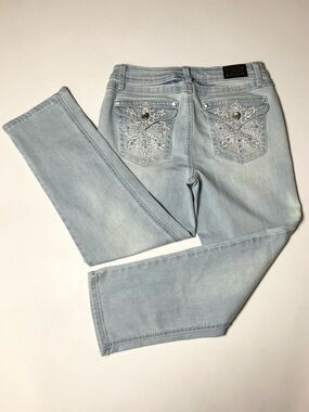 Earl Jeans | Light Blue Straight Leg Denim with Embellished Pockets